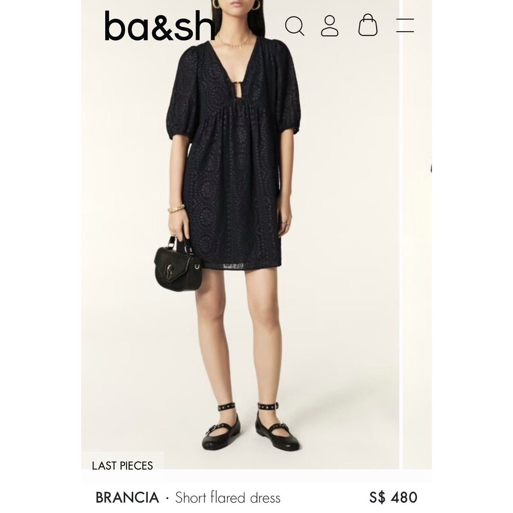 Ba&sh Brancia Short Navy Dress Flared Eyelet Sz M US 6 Quiet Luxury V Neck  $345 - Picture 9 of 16
